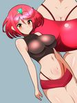  arms_at_sides ass bare_arms bare_shoulders blue_background blush breasts butt_crack closed_mouth commentary_request cowboy_shot crop_top dimples_of_venus harubato headpiece highleg highres homura_(xenoblade_2) impossible_clothes large_breasts looking_at_viewer lower_body multiple_views navel red_eyes red_hair red_shorts shiny shiny_hair short_hair short_shorts shorts simple_background skindentation sleeveless smile standing stomach tareme thigh_gap thighs thong xenoblade_(series) xenoblade_2 