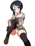  alternate_costume bangs black_eyes black_hair black_legwear black_neckwear brown_footwear brown_sweater cameltoe chouno_ami closed_mouth covered_nipples crotch_seam feet_out_of_frame finger_to_mouth girls_und_panzer green_skirt highres leg_hug loafers long_sleeves looking_at_viewer miniskirt neckerchief ooarai_school_uniform ouhashi panties pantyshot pantyshot_(sitting) pleated_skirt school_uniform serafuku shoes short_hair simple_background sitting skirt smile solo sweater swept_bangs thighhighs underwear white_background white_panties winter_uniform 