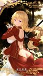  ass back_cutout bangs black_legwear blonde_hair blurry blurry_background blush bow braid butt_crack commentary_request cosplay cowboy_shot dress fate/apocrypha fate_(series) from_behind hair_bow highres holding holding_weapon jeanne_d'arc_(fate) jeanne_d'arc_(fate)_(all) juliet_sleeves long_hair long_sleeves looking_at_viewer looking_back nero_claudius_(fate) nero_claudius_(fate)_(all) nero_claudius_(fate)_(cosplay) parted_lips partially_translated pixiv_id polearm puffy_sleeves purple_eyes red_bow red_dress see-through single_braid smile solo spear standing star thighhighs translation_request very_long_hair watermark weapon web_address yijian_ma 
