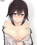  absurdres black_hair blush breasts collarbone come_hither grey_eyes hair_between_eyes hayasui_(kantai_collection) heart heart-shaped_pupils highres jacket kantai_collection kiritto large_breasts naughty_face short_hair smile solo symbol-shaped_pupils track_jacket twitter_username white_jacket 