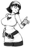  1girl bare_shoulders black_hair breasts curvy dragon_ball dragon_ball_super dress female hairband large_breasts monochrome parted_lips short_hair simple_background sketch smile solo space_jin videl 
