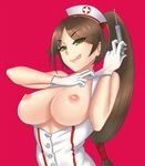  :q adjusting_clothes adjusting_gloves akali bare_shoulders breasts breasts_outside brown_hair commentary gloves green_eyes hat large_breasts league_of_legends long_hair looking_at_viewer low-tied_long_hair nipples nurse_akali nurse_cap ponytail smile solo syringe tongue tongue_out upper_body v-shaped_eyebrows vanquice white_gloves 
