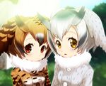  bangs black_hair bloom blue_sky blurry blurry_background brown_hair bush closed_mouth coat day depth_of_field eurasian_eagle_owl_(kemono_friends) expressionless fur_trim gradient_hair hair_between_eyes head_wings junshi_(junbox) kemono_friends library looking_at_viewer multicolored_hair multiple_girls northern_white-faced_owl_(kemono_friends) outdoors parted_lips reflective_eyes short_hair silver_hair sky streaked_hair sunlight tree white_hair 