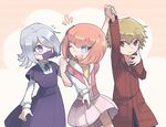  1boy 2girls andou_ruruka bangs blonde_hair blue_eyes danganronpa danganronpa_3 dress eating happy honzumaru izayoi_sounosuke kimura_seiko mask medical_mask multiple_girls one_eye_covered open_mouth pink_hair purple_eyes red_eyes short_hair side_bangs smile trio white_hair wink 