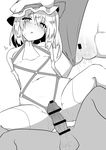  1girl bangs bar_censor bare_shoulders blush bow breasts censored erection eyebrows_visible_through_hair flandre_scarlet greyscale groin hair_between_eyes hat hat_bow hetero highres kz_oji long_hair mob_cap monochrome navel open_mouth penis pussy pussy_juice side_ponytail simple_background slit_pupils small_breasts sweat thighhighs touhou white_background 
