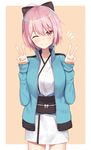  ahoge black_bow blush bow brown_eyes closed_mouth double_v eyebrows_visible_through_hair fate/grand_order fate_(series) hair_bow highres looking_at_viewer okita_souji_(fate) okita_souji_(fate)_(all) one_eye_closed pink_hair short_hair smile solo v yukarite 