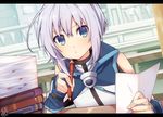  ahoge balcony blue_eyes blue_gloves book desk ernesti_echevalier fingerless_gloves gloves grey_hair holding holding_paper holding_pen knight's_&amp;_magic letterboxed library male_focus omuretsu paper pen pursed_lips railing shoulder_cutout signature sitting solo tabs window 