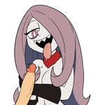  1boy 1girl breasts hair_over_one_eye little_witch_academia nude one_eye_covered open_mouth penis pink_eyes purple_hair sharp_teeth sucy_manbavaran tongue tongue_out 