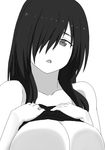  bare_shoulders breast_press breasts greyscale hair_over_one_eye highres large_breasts monochrome nao_(ritsancrossover) no_bra open_mouth original pai-chan_(nao) shirt_lift solo 