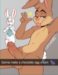  2019 anthro balls blep blush brown_fur duo embarrassed emoji english_text erection finger_gun fluffy fluffy_tail fur gesture humanoid_penis imminent_sex lagomorph long_ears looking_at_viewer male male/male mammal nesquik nesquik_bunny nude penis rabbit selfie simple_background snapchat solo_focus text tongue tongue_out tuft wetwasabi white_fur 