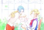  acca_13-ku_kansatsu-ka artist_name blonde_hair blue_eyes blue_hair blush bread closed_eyes copyright_name cup dated epaulettes food highres indoors leaning_forward looking_at_another maggie_(acca) male_focus medal multiple_boys open_mouth prince_schwan profile shimo_(hoar1301) sitting sweatdrop sword teacup uniform weapon 
