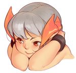  bare_shoulders cinder_(norasuko) demon_girl demon_horns grey_hair horns norasuko orange_eyes original short_hair simple_background solo upper_body white_background 