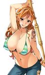  bikini bikini_top breasts brown_eyes brown_hair cleavage green_bikini hair_ornament large_breasts long_hair looking_at_viewer nami_(one_piece) navel one_piece pants polearm simple_background smile solo swimsuit takeda_hiromitsu tattoo weapon white_background wristband 