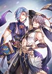  azur_(fire_emblem) blue_hair book elbow_gloves fire_emblem fire_emblem:_kakusei fire_emblem_heroes fire_emblem_if gloves grey_hair gzei hair_over_one_eye holding holding_book looking_at_viewer multiple_boys one_eye_closed shigure_(fire_emblem_if) smile 