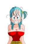  1girl 80s angry breasts bulma dragon_ball game_cg green_hair large_breasts long_hair ponytail shiny_skin solo yamamoto_doujin 