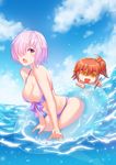  :d afloat ahoge alternate_costume arched_back bangs bikini blue_sky blush breasts brown_hair cherry_blossoms chibi cloud cloudy_sky collarbone commentary commentary_request day empty_eyes fate/grand_order fate_(series) floral_print front-tie_bikini front-tie_top fujimaru_ritsuka_(female) hair_over_one_eye halter_top halterneck holding holding_pencil innertube large_breasts mash_kyrielight multiple_girls navel ocean open_mouth outdoors pencil popping purple_bikini purple_eyes purple_hair riyo_(lyomsnpmp)_(style) short_hair side_ponytail sky smile sparkle swimsuit thighs wet xion32 yellow_eyes 