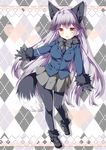  :d animal_ears argyle argyle_background black_bow black_gloves black_legwear black_neckwear blue_jacket blush bow bowtie buttons commentary_request extra_ears fox_ears fox_tail full_body fur_trim gloves grey_skirt heart highres jacket kemono_friends long_hair long_sleeves looking_at_viewer miniskirt necktie open_mouth pantyhose pleated_skirt silver_fox_(kemono_friends) silver_hair skirt smile solo tail tamiya_akito very_long_hair yellow_eyes 