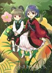  :3 :d ahoge animal_ears antenna_hair blue_hair bobby_socks dress eyebrows_visible_through_hair flower frills full_body grass grey_hair hands_together holding holding_flower iris_anemone japanese_clothes jewelry kimono long_sleeves looking_at_viewer minigirl miracle_mallet mouse_ears mouse_tail multiple_girls nazrin needle no_shoes obi open_mouth orange_eyes outdoors pendant pink_flower puffy_long_sleeves puffy_sleeves red_eyes red_kimono sash short_hair side-by-side sitting sitting_on_object smile socks sparkle sukuna_shinmyoumaru tail touhou white_legwear wide_sleeves 