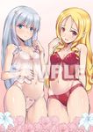  arm_behind_back ass_visible_through_thighs bangs bare_arms bare_shoulders blonde_hair blue_eyes blue_hair blush bow bow_panties breasts camisole clenched_hand closed_mouth collarbone commentary cowboy_shot english eromanga_sensei eyebrows_visible_through_hair flower frown gradient gradient_background groin hair_bow head_tilt izumi_sagiri lily_(flower) long_hair looking_at_viewer medium_breasts multiple_girls panties parted_bangs parted_lips piano-alice pink_bow pointy_ears red_eyes red_panties sample sidelocks sleeveless small_breasts standing underwear very_long_hair white_bow white_panties yamada_elf 