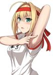  ahoge arm_up armpits bangs blonde_hair blush eyebrows_visible_through_hair fate/grand_order fate_(series) green_eyes gym_shirt gym_uniform hair_between_eyes hair_intakes headband name_tag nero_claudius_(fate) nero_claudius_(fate)_(all) olympian_bloomers open_mouth pointing shirt shiseki_hirame short_sleeves sidelocks solo t-shirt upper_body 