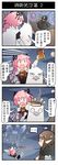  1girl 4koma androgynous astolfo_(fate) bare_shoulders black_bow black_dress black_hair book bow braid breasts cape cleavage comic detached_sleeves dress fang fate/apocrypha fate_(series) fur_trim garter_straps hair_intakes hair_ribbon highres hippogriff large_breasts long_hair multicolored_hair open_mouth otoko_no_ko pink_hair pointy_ears purple_eyes ribbon semiramis_(fate) single_braid smile streaked_hair translated very_long_hair xin_yu_hua_yin 