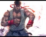  &gt;:( arm_guards aura bare_shoulders belt black_belt boyaking brown_eyes brown_hair clenched_hand closed_mouth collarbone commentary_request dougi fighting_stance frown headband karate_gi letterboxed looking_to_the_side male_focus martial_arts_belt muscle ryuu_(street_fighter) serious simple_background spiked_hair street_fighter thick_eyebrows upper_body v-shaped_eyebrows white_background 