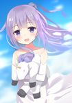 :d absurdres azur_lane bare_shoulders blush collarbone commentary_request day dress dutch_angle elbow_gloves gloves hair_bun head_tilt highres long_hair looking_at_viewer object_hug odeclea open_mouth outdoors purple_eyes purple_hair smile solo strapless strapless_dress stuffed_alicorn stuffed_animal stuffed_toy unicorn_(azur_lane) very_long_hair white_dress white_gloves 