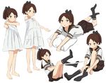  abe_kanari barefoot black_legwear brown_eyes brown_hair brown_sailor_collar brown_skirt feet kantai_collection kneehighs multiple_views open_mouth panties pleated_skirt ponytail sailor_collar school_uniform serafuku shikinami_(kantai_collection) short_hair short_sleeves simple_background skirt soles toes underwear white_background white_panties 