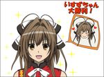  &gt;_&lt; :d amagi_brilliant_park antenna_hair black_border blush blush_stickers border bow brown_eyes brown_hair chibi chibi_inset commentary_request hair_bow long_hair looking_at_viewer open_mouth sento_isuzu sleeveless smile solo sparkle todo_(masa3373) translation_request upper_body v white_background 