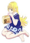  arm_at_side bad_id bad_pixiv_id bakemonogatari bangs bare_legs barefoot blonde_hair blue_dress blush box doughnut dress eating eyebrows_visible_through_hair food frilled_dress frills full_body highres holding holding_food long_hair momosuke_(ishakry) monogatari_(series) oshino_shinobu pointy_ears shiny shiny_hair short_sleeves sitting solo sweets tsurime very_long_hair yellow_eyes yokozuwari 