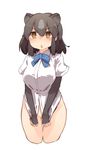  animal_ears apupuru ass_visible_through_thighs bear_ears bear_girl black_hair blush bottomless brown_bear_(kemono_friends) brown_eyes chestnut_mouth covering covering_crotch cropped_legs elbow_gloves embarrassed eyebrows_visible_through_hair fingerless_gloves gloves grey_hair hair_between_eyes highres kemono_friends looking_at_viewer multicolored_hair naked_shirt open_mouth shirt shirt_tug short_hair simple_background solo standing thigh_gap upper_body white_background white_shirt 