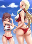  ass ass_visible_through_thighs bird blonde_hair blue_sky blush breasts brown_eyes brown_hair cameltoe cloud commentary_request covered_nipples cowboy_shot day duck eyebrows_visible_through_hair from_behind girls_und_panzer green_eyes hair_pulled_back hair_ribbon hairband highres kondou_taeko large_breasts long_hair looking_at_viewer looking_back low_ponytail midriff multiple_girls navel open_mouth outdoors p_kotarou ponytail red_shirt red_shorts ribbon sasaki_akebi shiny shiny_skin shirt short_hair short_shorts shorts sky sleeveless sleeveless_shirt sportswear stretch taut_clothes taut_shirt volleyball volleyball_uniform 