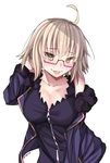  :p absurdres artist_name bare_shoulders blonde_hair blush breasts cleavage dress fate/grand_order fate_(series) glasses green_dress hand_in_hair highres jacket jeanne_d'arc_(alter)_(fate) jeanne_d'arc_(fate)_(all) large_breasts off_shoulder red-framed_eyewear semi-rimless_eyewear short_hair solo star star-shaped_pupils symbol-shaped_pupils tongue tongue_out under-rim_eyewear wicked_dragon_witch_ver._shinjuku_1999 zeroyama zipper_pull_tab 
