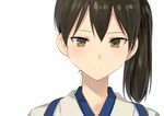  brown_eyes brown_hair commentary_request expressionless hair_between_eyes highres japanese_clothes kaga_(kantai_collection) kantai_collection long_hair masukuza_j side_ponytail simple_background solo tasuki white_background 