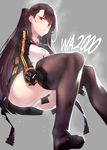  asymmetrical_bangs bangs between_breasts black_gloves black_legwear black_skirt blush breasts brown_hair character_name closed_mouth collared_shirt commentary_request cropped_jacket dev dressing eyebrows_visible_through_hair feet_out_of_frame from_below girls_frontline gloves grey_background high-waist_skirt highres jacket long_hair long_sleeves looking_at_viewer medium_breasts necktie one_side_up open_clothes open_jacket panties pantyhose pantyhose_pull purple_eyes red_neckwear revision shirt simple_background sitting skirt solo steam steaming_body sweat thighs tsurime underbust underwear wa2000_(girls_frontline) white_panties white_shirt 
