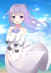  :d azur_lane bare_shoulders beach blue_sky blush cloud collarbone commentary_request cowboy_shot day dress elbow_gloves gloves hair_bun head_tilt long_hair looking_at_viewer object_hug ocean odeclea open_mouth outdoors purple_eyes purple_hair sky smile solo standing strapless strapless_dress stuffed_alicorn stuffed_animal stuffed_toy unicorn_(azur_lane) very_long_hair white_dress white_gloves 