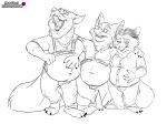  2019 age_difference anthro belly big_belly canid canine clothed clothing disney family fan_character fox fur gideon_grey group hair hand_on_shoulder hand_on_stomach male mammal monochrome navel older_male overweight plantigrade wastedtime younger_male zootopia 