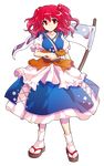  alphes_(style) closed_mouth dairi full_body hair_bobbles hair_ornament highres onozuka_komachi parody puffy_short_sleeves puffy_sleeves red_eyes red_hair scythe short_sleeves smile solo standing style_parody touhou transparent_background two_side_up 