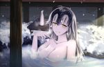  artist_name bottle breasts chyt cleavage cup_ramen fate_(series) headpiece highres jeanne_d'arc_(alter)_(fate) jeanne_d'arc_(fate)_(all) large_breasts long_hair looking_at_viewer onsen rock sake_bottle smile snow solo steam yellow_eyes 