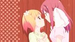  2girls animated animated_gif blonde_hair blush couple eye_contact eyes_closed flower green_eyes hair_ornament hairclip hand_holding interlocked_fingers kiss long_hair looking_at_another multiple_girls official pigtails pink_eyes pink_hair ribbon sakura_trick short_hair sonoda_yuu takayama_haruka watermark yuri 