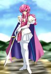  armor benitsuki_tokei breastplate ethlin_(fire_emblem) fire_emblem fire_emblem:_seisen_no_keifu gloves highres holding holding_sword holding_weapon long_hair looking_at_viewer pauldrons pink_hair solo sword weapon 