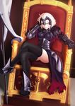  ahoge armor armored_boots armored_dress banner black_cape black_dress black_legwear blonde_hair boots breasts cape crossed_legs dress fate/grand_order fate_(series) fur_collar fur_trim gauntlets hand_in_hair headpiece hoshikuzu_kizuna jeanne_d'arc_(alter)_(fate) jeanne_d'arc_(fate)_(all) large_breasts looking_at_viewer medium_breasts short_hair sitting solo thighhighs throne zettai_ryouiki 