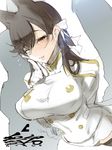  ;) animal_ears atago_(azur_lane) azur_lane black_hair black_legwear blush breasts brown_hair covered_navel covered_nipples extra_ears flying_sweatdrops gloves highres large_breasts long_hair looking_at_viewer military military_uniform miniskirt mole mole_under_eye one_eye_closed pencil_skirt skirt smile solo thighhighs uniform white_gloves ze_(sawakihein) 