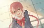  1girl :d bangs blurry blurry_background bow braid hair_between_eyes highres indoors long_hair looking_at_viewer open_mouth parted_bangs red_bow red_eyes red_hair ryuuzaki_sakuno school school_uniform serafuku smile solo teeth tennis_no_ouji-sama twin_braids 