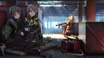  armband bangs black_footwear black_legwear black_skirt blonde_hair blush boots brown_hair bullet clenched_teeth commentary_request crate day eyebrows_visible_through_hair finger_on_trigger girls_frontline grey_hair gun h&amp;k_ump headshot heckler_&amp;_koch highres indoors jacket kneeling light_rays long_hair magazine multiple_girls one_side_up open_clothes open_jacket open_mouth pantyhose pleated_skirt sitting skirt submachine_gun sunbeam sunlight suspenders tareme teeth thighband_pantyhose tokinohimitsu twitter_username two_side_up ump40_(girls_frontline) ump45_(girls_frontline) ump9_(girls_frontline) wariza water_gun weapon weibo_username yokozuwari 