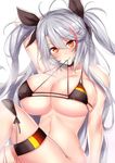  azur_lane bikini bikini_top blush breasts cleavage grey_hair hair_ribbon highres huge_breasts long_hair looking_at_viewer multicolored_hair prinz_eugen_(azur_lane) red_hair ribbon sankakusui smile source_request swimsuit tongue tongue_out twintails 