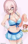  bandaged_arm bandages banned_artist bare_shoulders bikini bikini_skirt black-framed_eyewear blue_bikini blue_bow blush bow breasts chibi chibi_inset cleavage closed_mouth collarbone commentary_request cosplay cowboy_shot eyebrows_visible_through_hair fate/grand_order fate_(series) frankenstein's_monster_(fate) frankenstein's_monster_(swimsuit_saber)_(fate) frankenstein's_monster_(swimsuit_saber)_(fate)_(cosplay) glasses hair_over_one_eye halterneck hand_on_hip horn innertube large_breasts looking_at_viewer mash_kyrielight multiple_girls navel pink_background pink_hair short_hair simple_background solo_focus standing stomach swimsuit tareme tasora twitter_username 