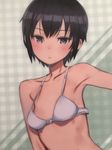  absurdres bad_id bad_twitter_id bare_shoulders black_hair blush bra breasts bright_pupils closed_mouth expressionless highres kino kino_no_tabi kuroboshi_kouhaku oversized_breast_cup photo purple_eyes short_hair small_breasts solo underwear underwear_only upper_body white_bra 