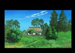  black_border blue_sky border cloud commentary day forest grass highres hirota_(masasiv3) house nature no_humans outdoors path plant road scenery sky tree 
