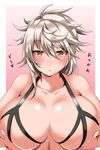 absurdres ar_(lover_boy) asymmetrical_hair bangs bare_shoulders blush breast_hold breast_lift breasts collarbone highres kantai_collection large_breasts looking_at_viewer parted_lips silver_hair solo swept_bangs translated unryuu_(kantai_collection) upper_body wavy_hair yellow_eyes 